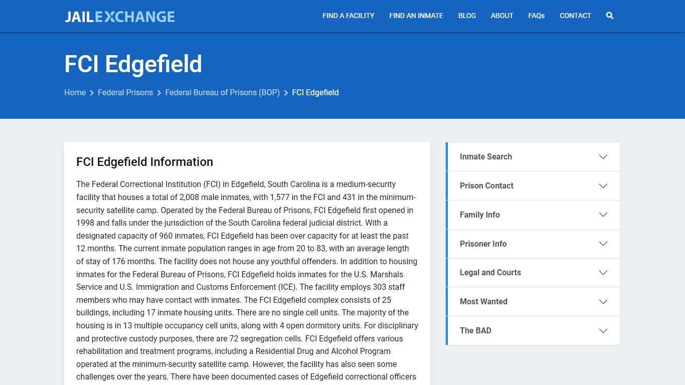 Federal Inmate Search - FCI Edgefield - Jail Exchange