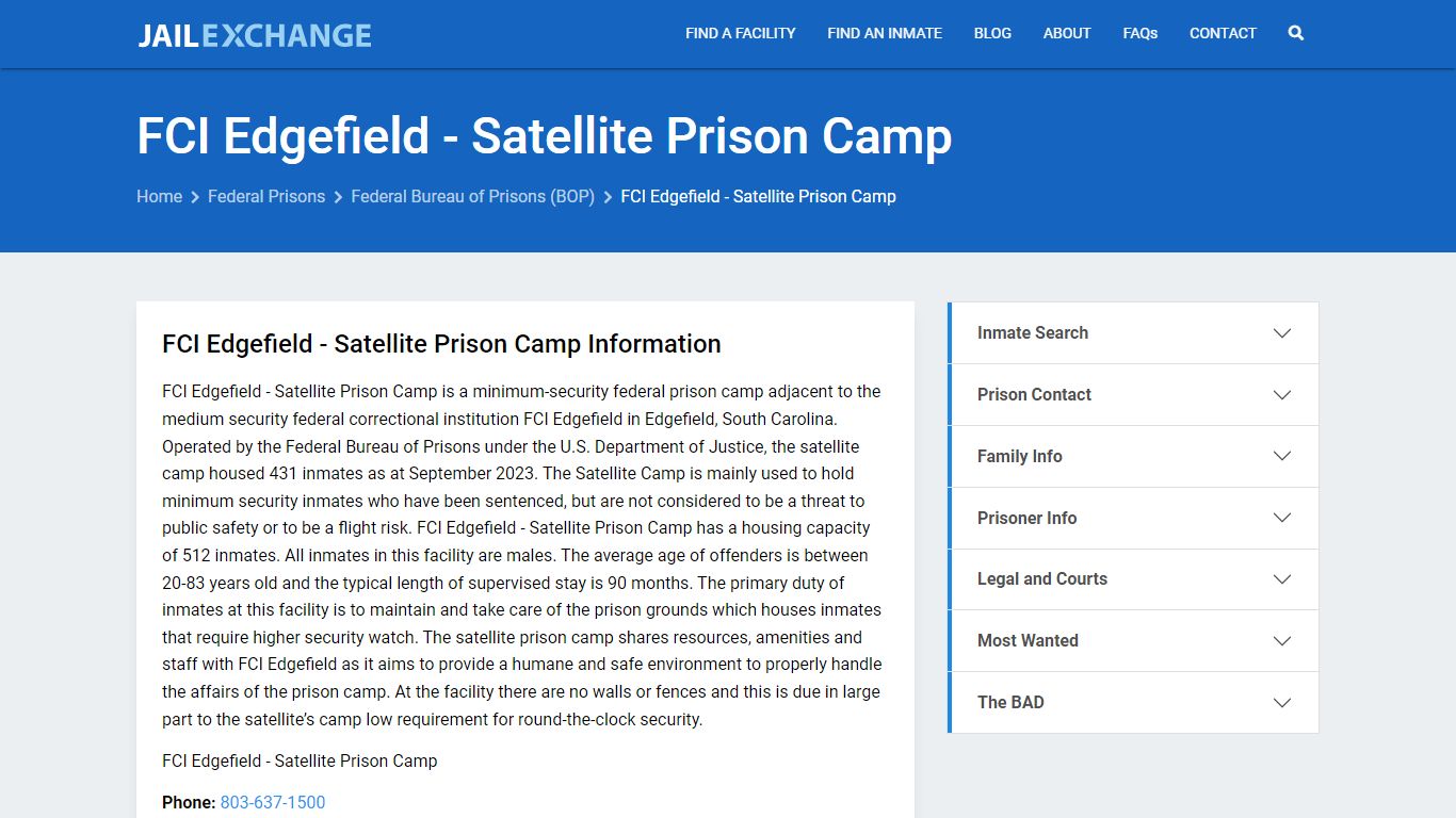 Federal Inmate Search - FCI Edgefield - Satellite Prison Camp